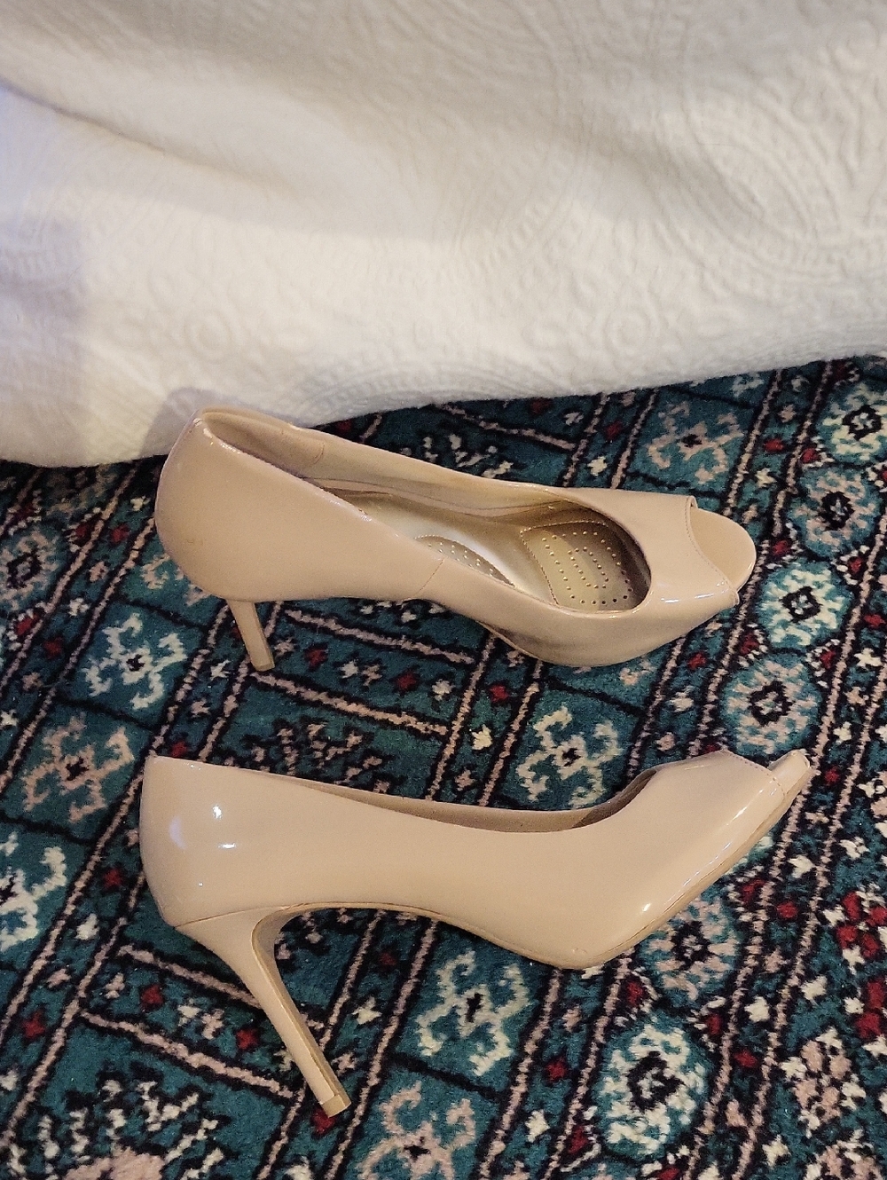 Classic Nude Patent Peep-Toe Pumps - Women's Heels